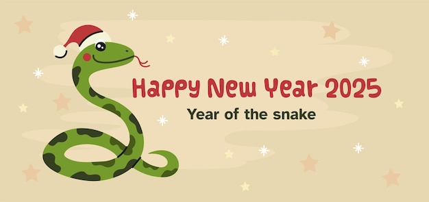 Ilustración del diseño del cartel de felicitación del Año Nuevo 2025 con una serpiente divertida