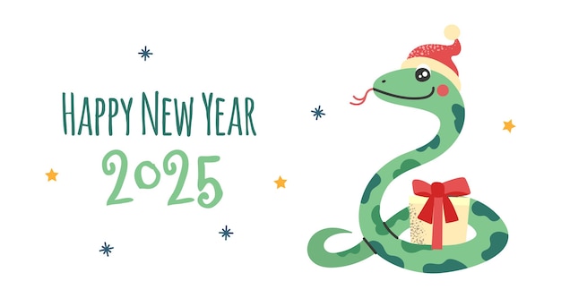 Ilustración del diseño del cartel de felicitación del Año Nuevo 2025 con una serpiente divertida