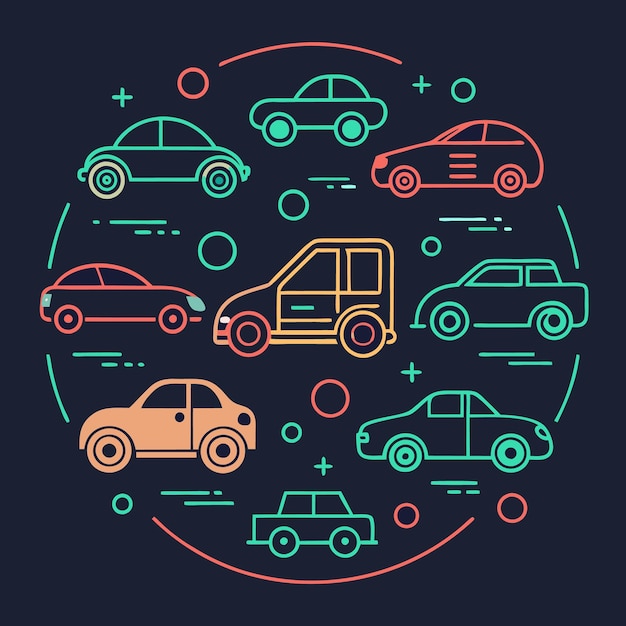Una ilustración de un diseño circular con varias siluetas de automóviles de colores