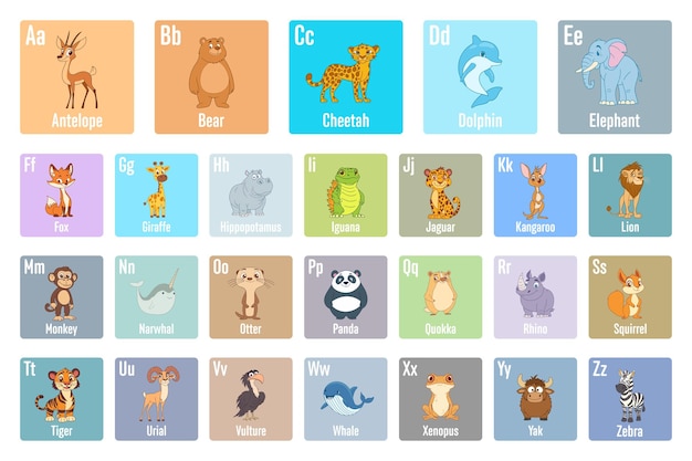Ilustración del diseño de clipart del conjunto de tarjetas de alfabeto de animales