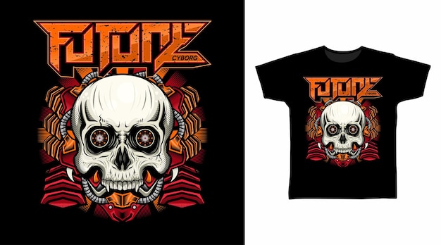 Ilustración del diseño detallado de la camiseta del vector de la cabeza del cráneo de la armadura del cyborg
