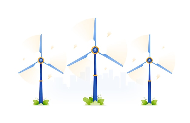 La ilustración de diseño de la energía verde que es respetuosa con el medio ambiente y la sociedad mediante el uso de molinos de viento de turbinas eólicas de bajas emisiones de energía y seguras se puede utilizar para folletos de aplicaciones de carteles de sitios web