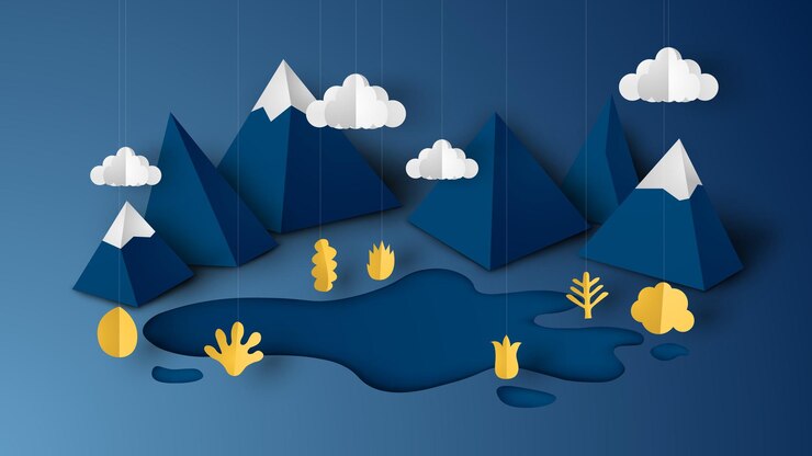 Vector ilustración de diseño de la escena de vista de la montaña con estanque de nubes y planta en estilo de arte de papel 3d