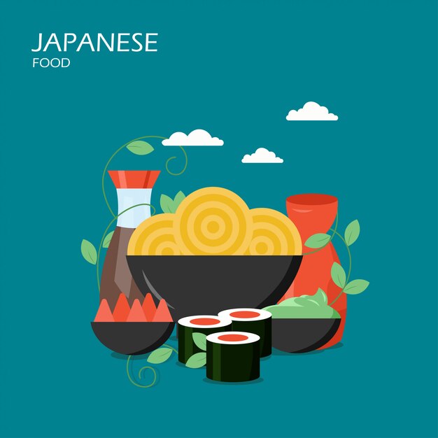 Ilustración de diseño de estilo plano de vector de comida japonesa