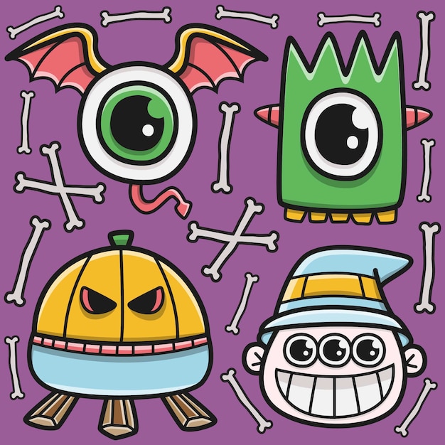 Ilustración de diseño de etiqueta engomada de halloween de dibujos animados kawaii