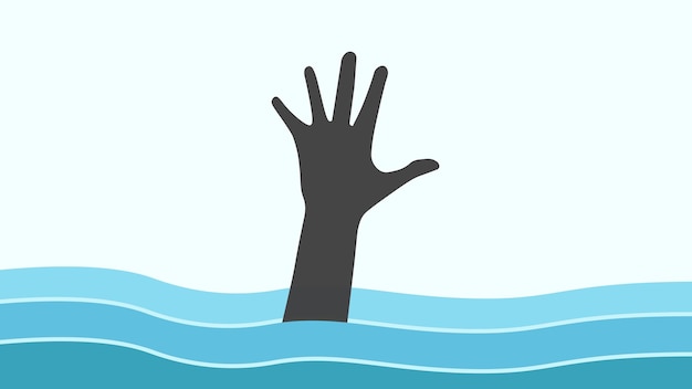 Ilustración de diseño FLat mano alcanzada desde el agua azul hombre ahogado mar drarn accidente de piscina