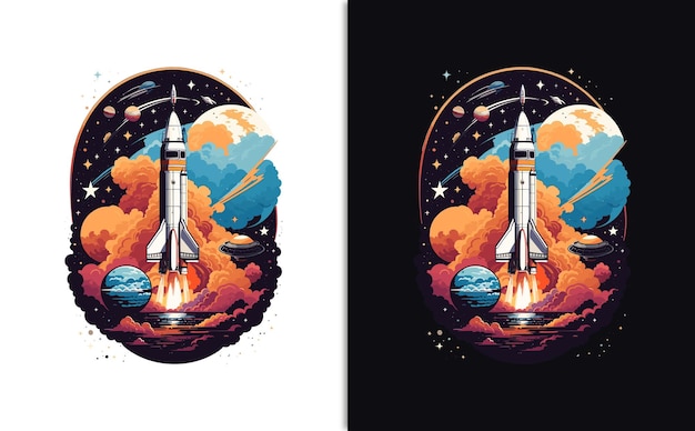 Ilustración de diseño gráfico de camiseta de cohete espacial de fantasía