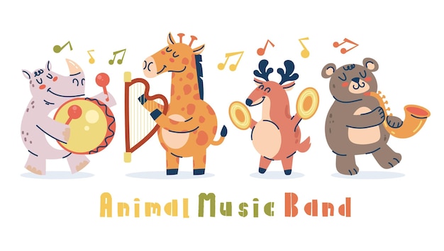 Ilustración de diseño gráfico de concepto de concierto de banda de instrumento de jazz de dibujos animados de música animal