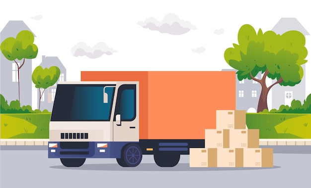 Vector ilustración de diseño gráfico de concepto de mercancías de furgoneta de paquete de carga de camión de entrega logística