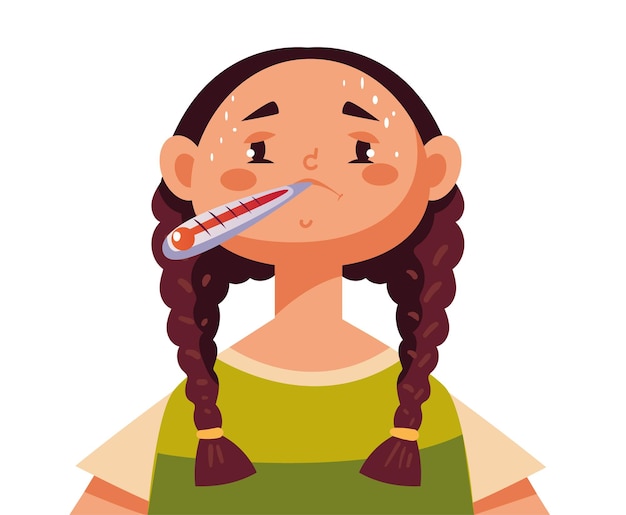 Ilustración de diseño gráfico de concepto de tratamiento médico de fiebre enferma de resfriado y gripe de niños enfermos