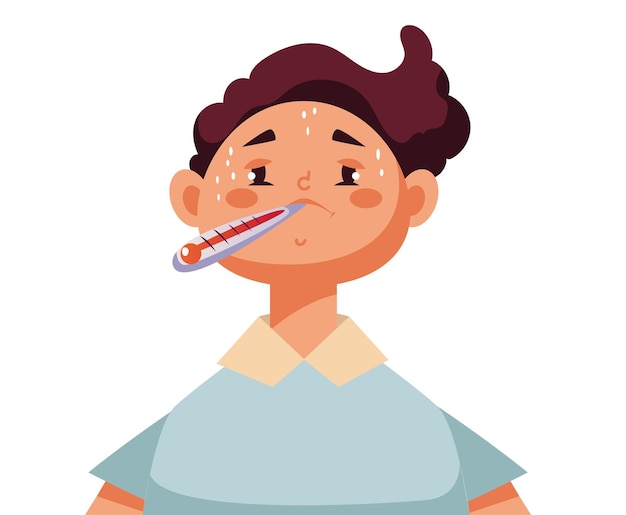 Ilustración de diseño gráfico de concepto de tratamiento médico de fiebre enferma de resfriado y gripe de niños enfermos