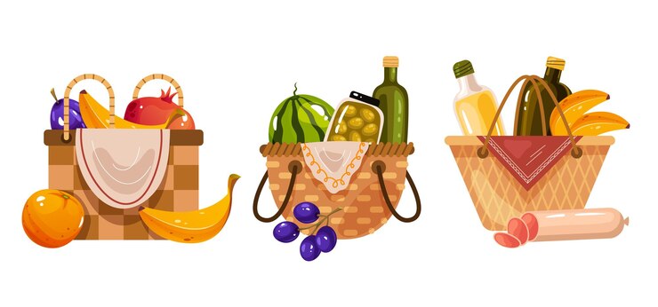 Vector ilustración de diseño gráfico conjunto aislado de comida de cesta de picnic