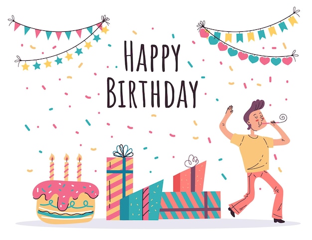 Ilustración de diseño gráfico plano del concepto de celebración de la fiesta de la tarta de cumpleaños