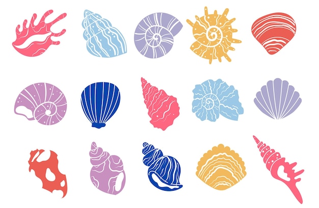 Ilustración de diseño gráfico plano de conjunto acuático marino aislado de conchas marinas