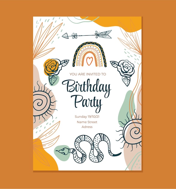 Vector ilustración de diseño gráfico de plantilla de invitación de cumpleaños de estilo boho