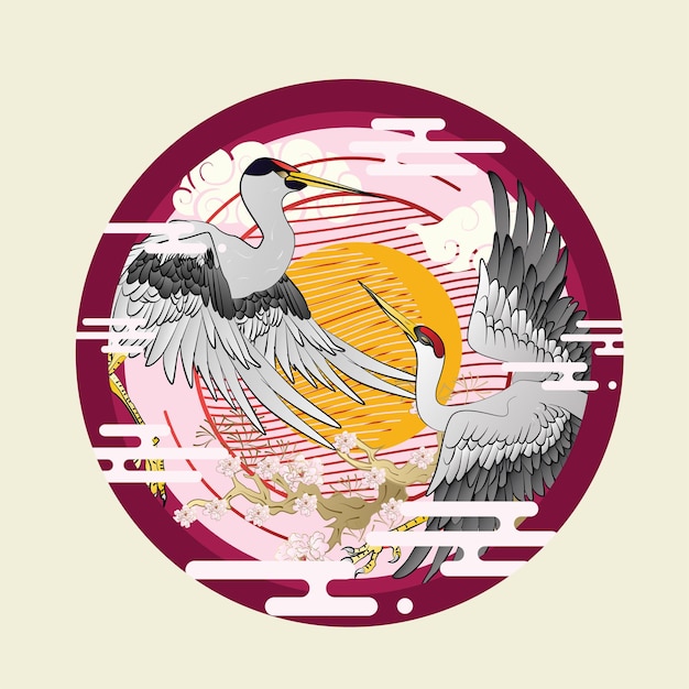 ilustración de diseño de grúa con fondo de estilo japonés