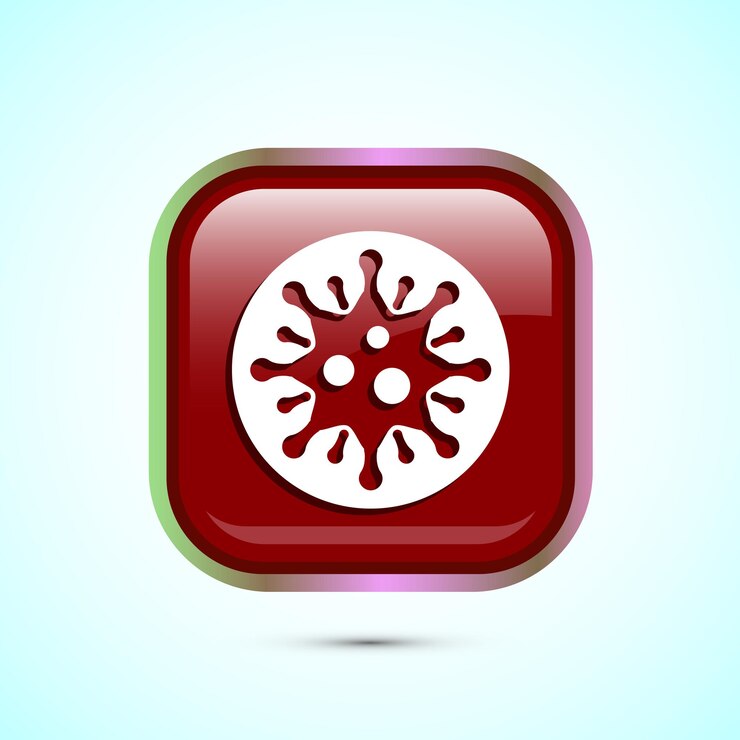 Vector ilustración del diseño del icono de las bacterias del virus el signo de las bacterias de los microbios el diseño del botón cuadrado de color rojo