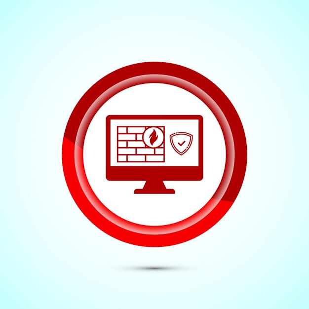 Ilustración del diseño del icono del cortafuegos Icono de pared de ladrillo y fuego Signo de seguridad de Internet Diseño del botón de color rojo
