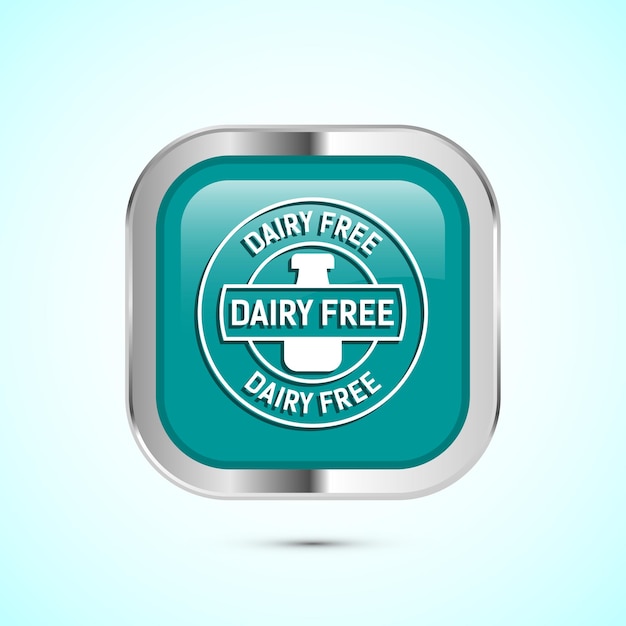 Ilustración del diseño del icono libre de lácteos Etiqueta de insignia libre de leche Concepto de alimentos saludables Diseño de botones cuadrados de color azul azul