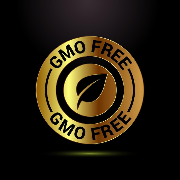 Ilustración de diseño de icono libre de OMG Etiqueta de alimentos no OMG Símbolo de señal de alimentos saludables orgánicos en estilo de color dorado