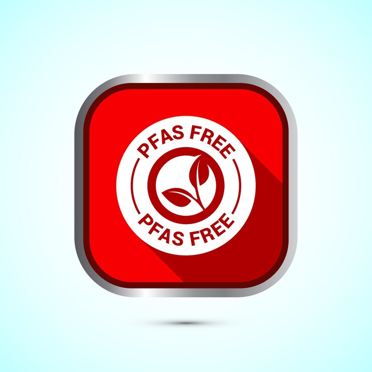 Vector ilustración del diseño del icono libre de pfas insignia de etiqueta libre de pfass nutrición adecuada diseño del botón de sombra de color rojo