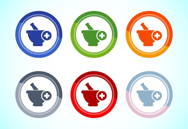 Ilustración de diseño de icono de mortero y pestillo Símbolo de letrero de farmacia para el sitio web de la aplicación y el logotipo Conjunto de diseño de botones de 6 colores