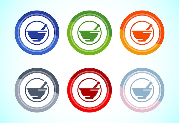 Ilustración de diseño de icono de mortero y pestillo Símbolo de letrero de farmacia para el sitio web de la aplicación y el logotipo Conjunto de diseño de botones de 6 colores