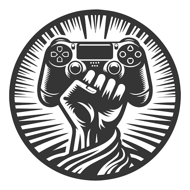Ilustración del diseño de la insignia de la mano que sostiene el joystick