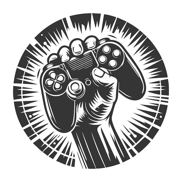 Ilustración del diseño de la insignia de la mano que sostiene el joystick