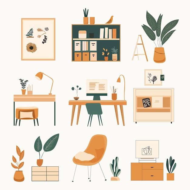 Ilustración de diseño de interiores de oficinas y salas de estar modernas