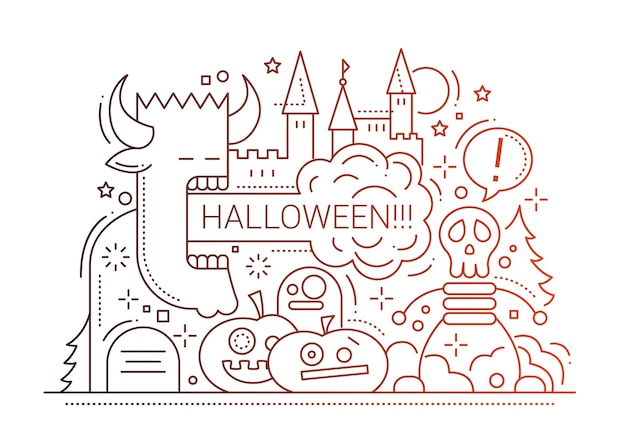 Ilustración de diseño de línea simple de fiesta de halloween con símbolos de vacaciones