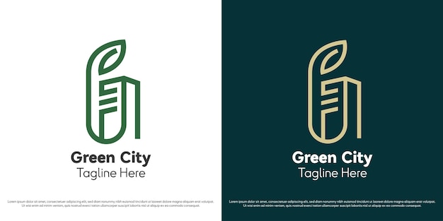Ilustración del diseño del logotipo de la ciudad de naturaleza verde Siluetas de líneas lineales de edificios medio ambiente naturaleza