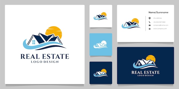 Ilustración de diseño de logotipo de lujo de playa de bienes raíces con tarjeta de visita