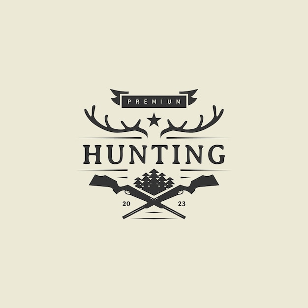Ilustración de diseño de logotipo vectorial de caza con cuernos de ciervo y rifle de aire cruzado