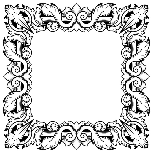 Ilustración de diseño de marco floral con borde blanco y negro en blanco