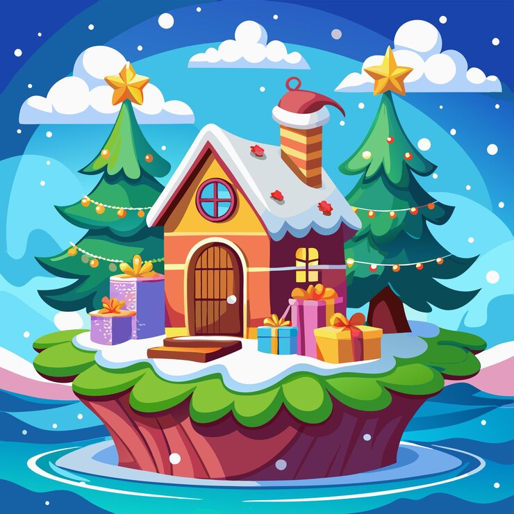 Vector ilustración de diseño navideño de una casa en una isla