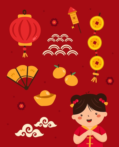 Ilustración de diseño de ornamento de año nuevo chino de niña en vector