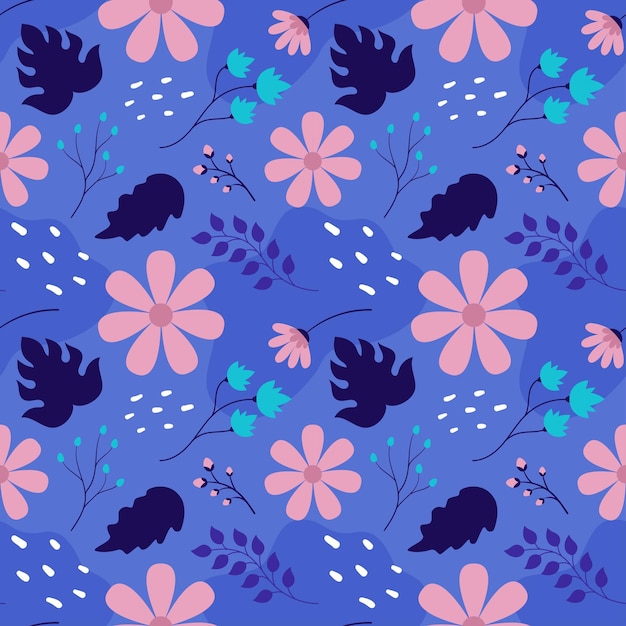 Ilustración de diseño de patrones sin costuras florales con ramas en flor y flores de hojas en plantilla de estilo de dibujos animados dibujada a mano