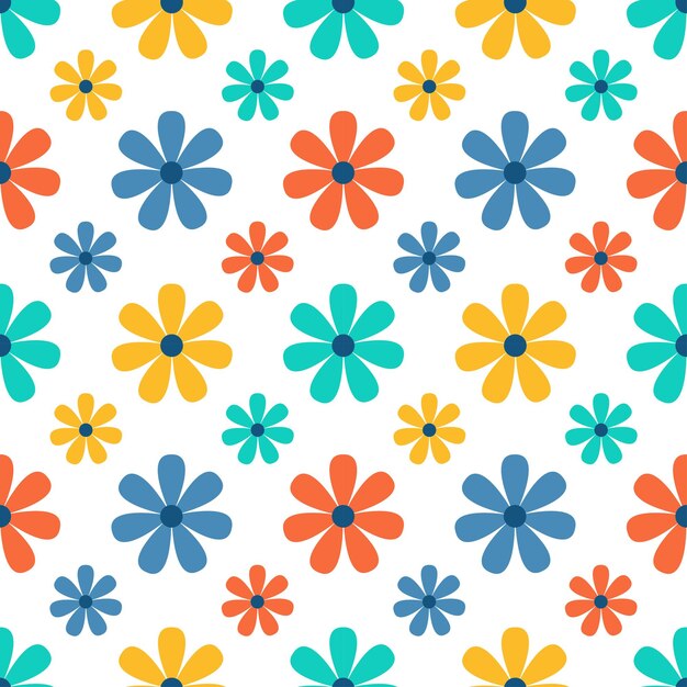 Ilustración de diseño de patrones sin costuras florales con ramas en flor y flores de hojas en plantilla de estilo de dibujos animados dibujada a mano