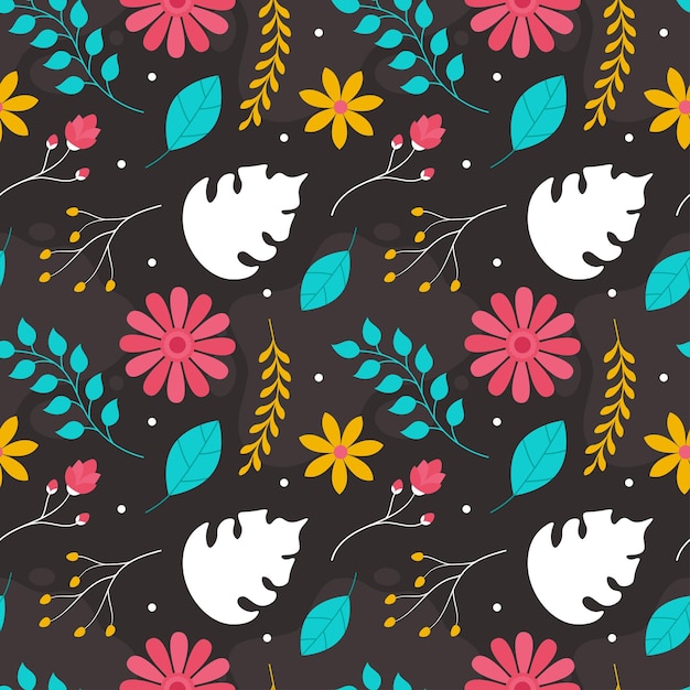 Ilustración de diseño de patrones sin costuras florales con ramas en flor y flores de hojas en plantilla de estilo