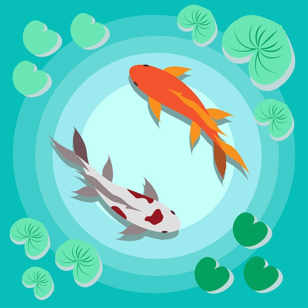 Ilustración de diseño de peces Koi de vector plano en el estanque