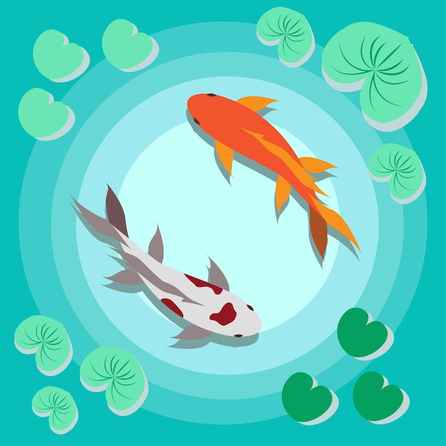 Vector ilustración de diseño de peces koi de vector plano en el estanque