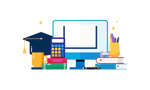 Ilustración de diseño plano de aprendizaje en línea con herramientas educativas para el concepto de educación o aprendizaje