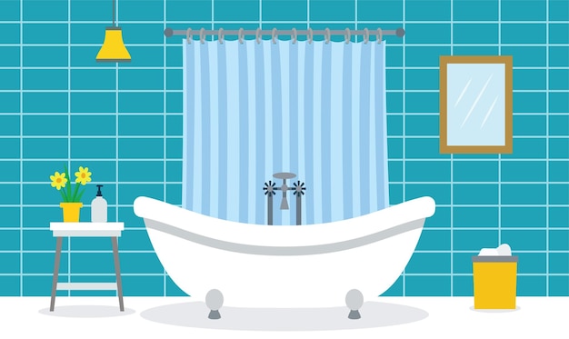 Ilustración del diseño plano de la bañera en un baño acogedor y limpio en el hogar con cortina