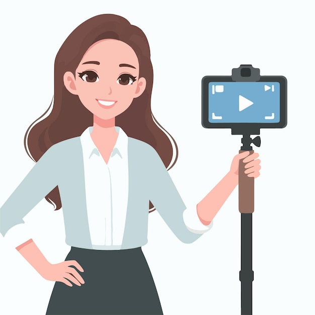 Vector ilustración de diseño plano de una chica linda vlogger sosteniendo una cámara con estabilizador de trípode tomando video