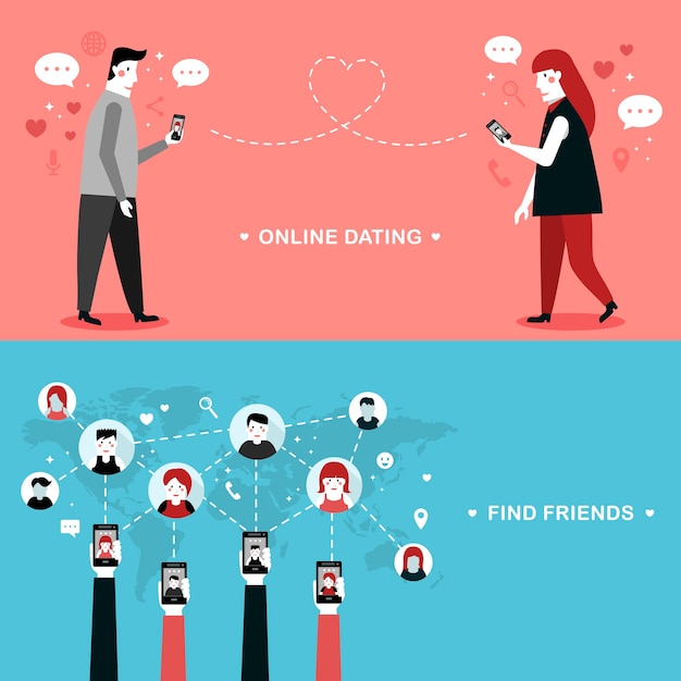 Ilustración de diseño plano de citas en línea encontrar nuevos amigos a través de dispositivos