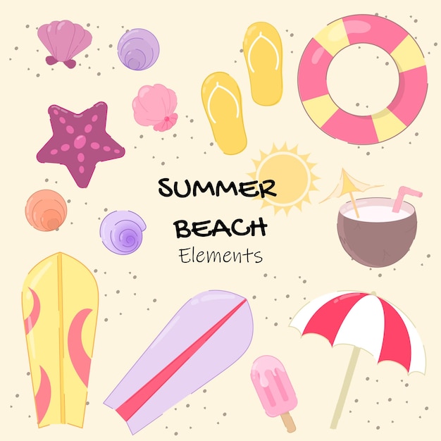 Ilustración de diseño plano de la colección de elementos de playa de verano