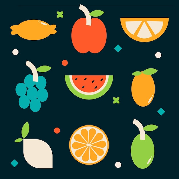 Ilustración de diseño plano de coloridas formas geométricas de frutas