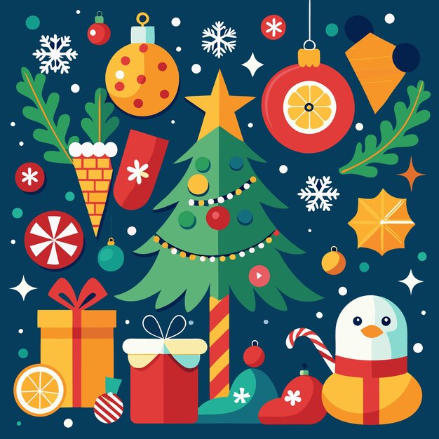 Una ilustración de diseño plano colorido de un árbol de Navidad con adornos, regalos y otros elementos festivos