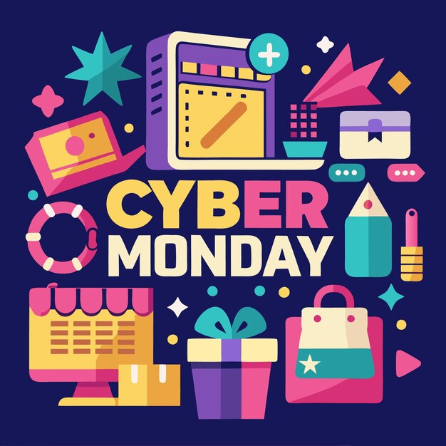 Ilustración de diseño plano colorido para Cyber Monday con íconos de compras